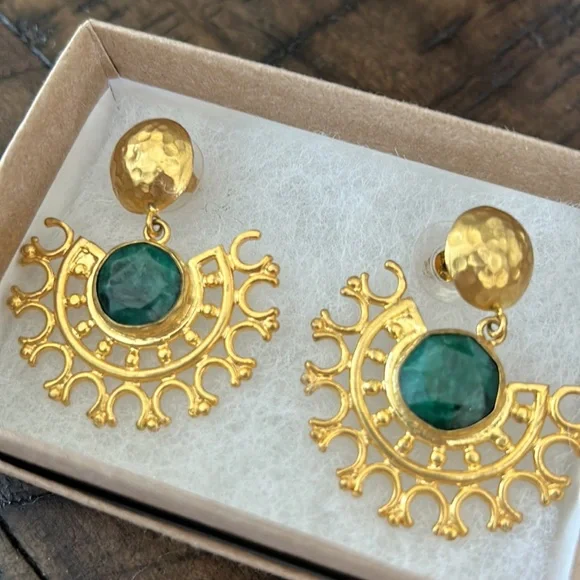 Emerald and Gold Handmade Chandelier Earrings - Picture 2 of 8